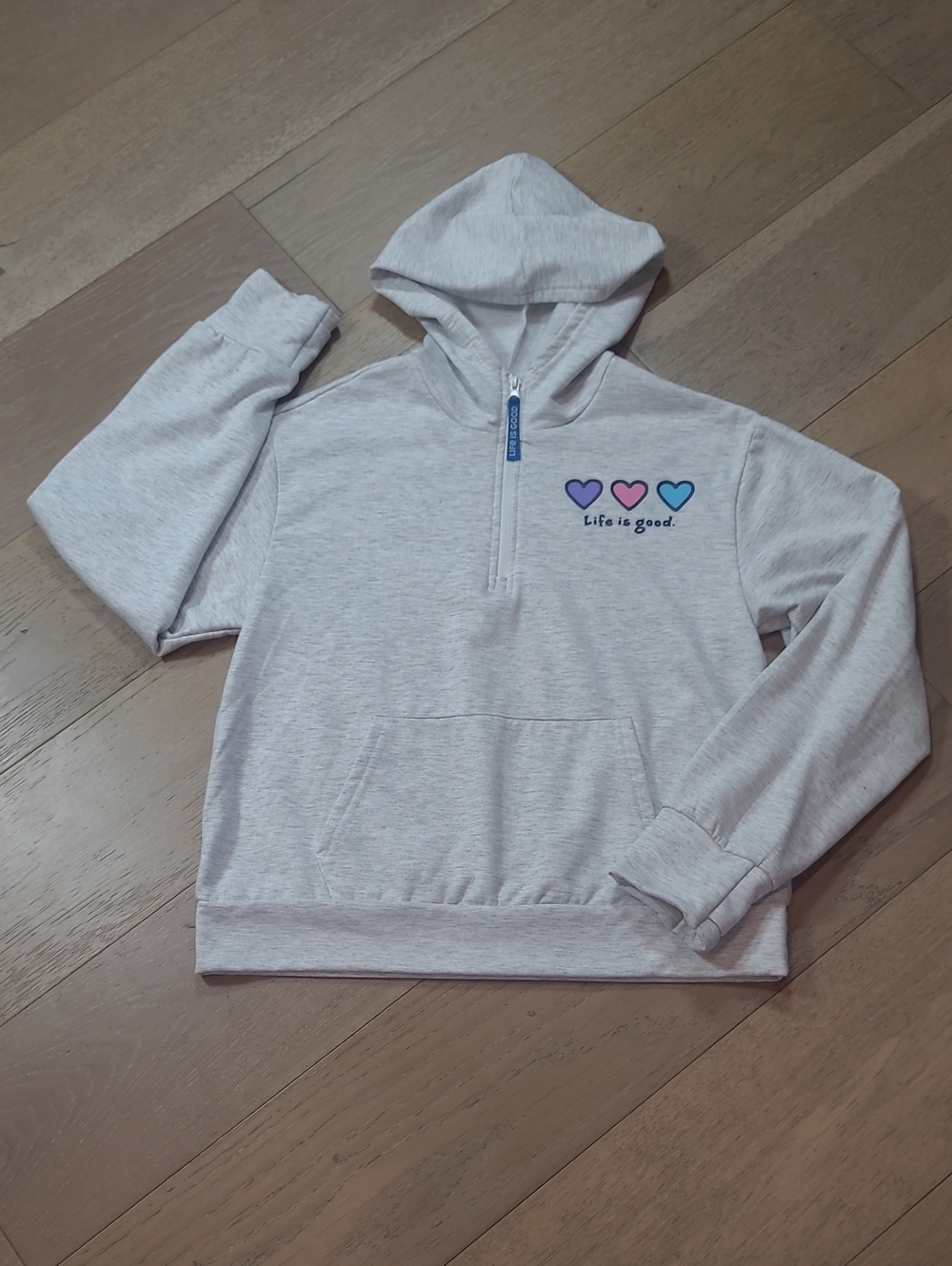 Life Is Good Sweatshirt Women's sz M Triple Heart 1/2 Zip Grey Hooded Pullover